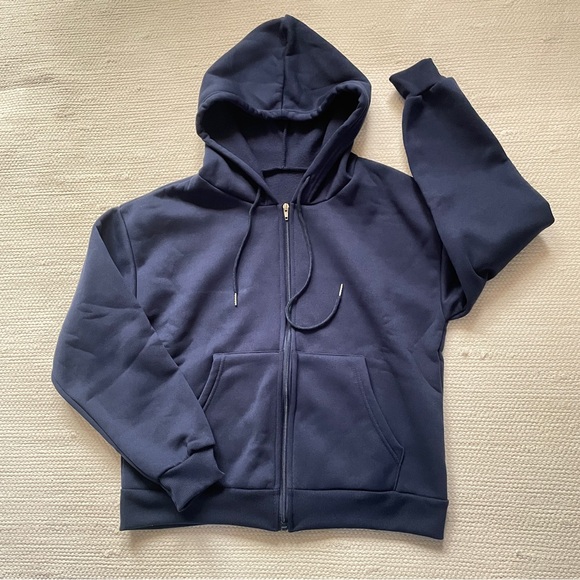 Full Zip Drawstring Hoodie Unisex Navy Blue Size S - Picture 2 of 7